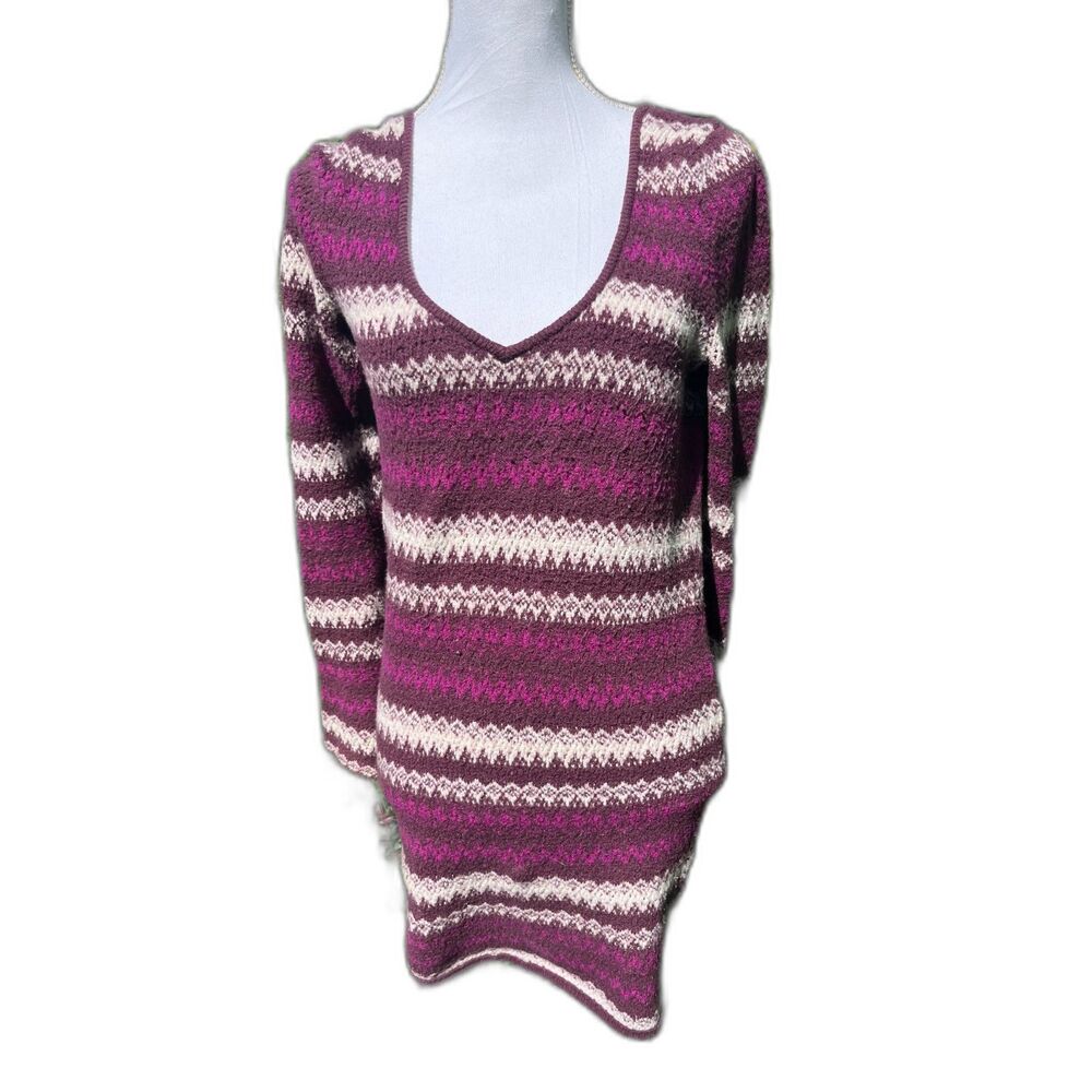 FREE PEOPLE Nordic Fair Isle Sweater Mini Dress Wool Blend Purple M Stretch